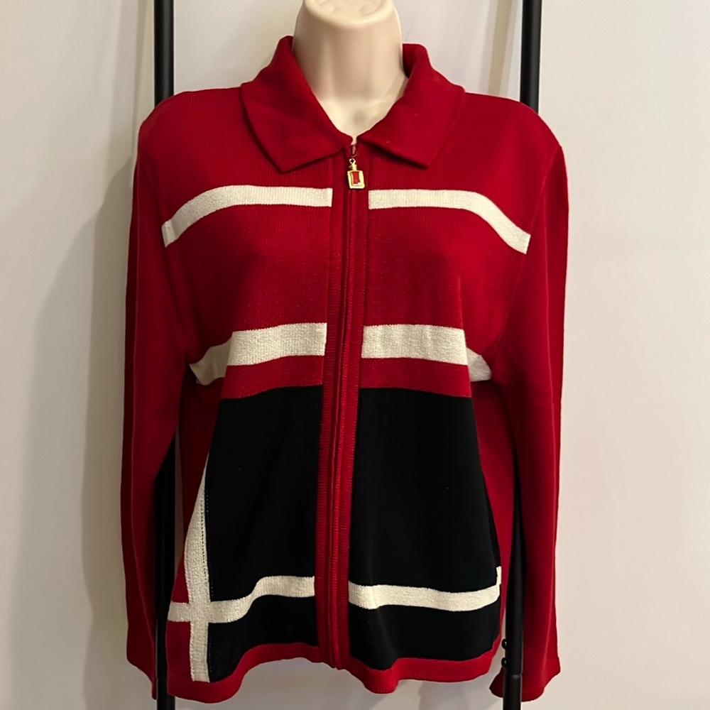 Vintage San Remo by Laura Knits Red Knit Full Zipper Cardigan Women M Y2K